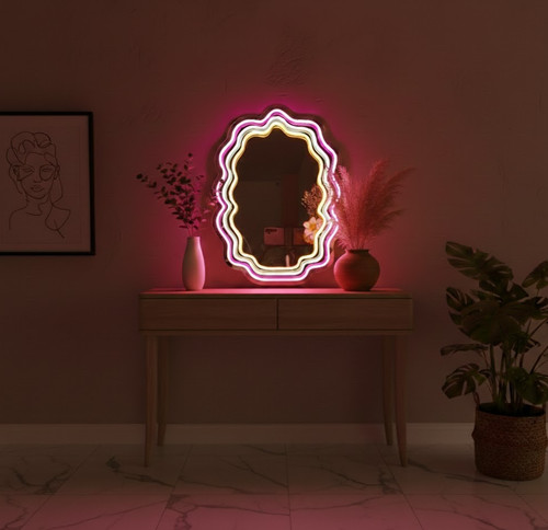 Wavy neon mirror wall decor - wall, decor|